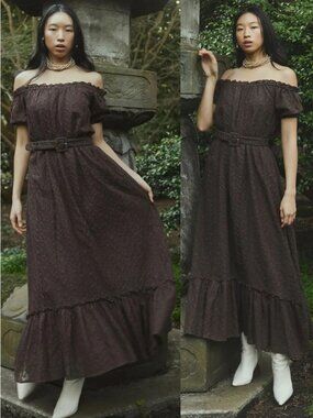 Eddy Luna Dress‎ Chocolate Martini Brown Embroidered Floral Off Shoulder Maxi XS